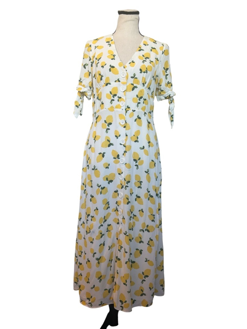 Nobody’s Child Lemon Print Midi Dress Size 4 Button Front Cottagecore Summer